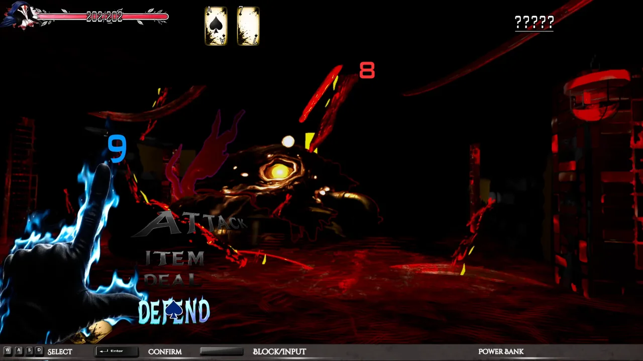 Card combat: the Dealer’s blue-flame hand at 9 against a one-eyed monster at 8