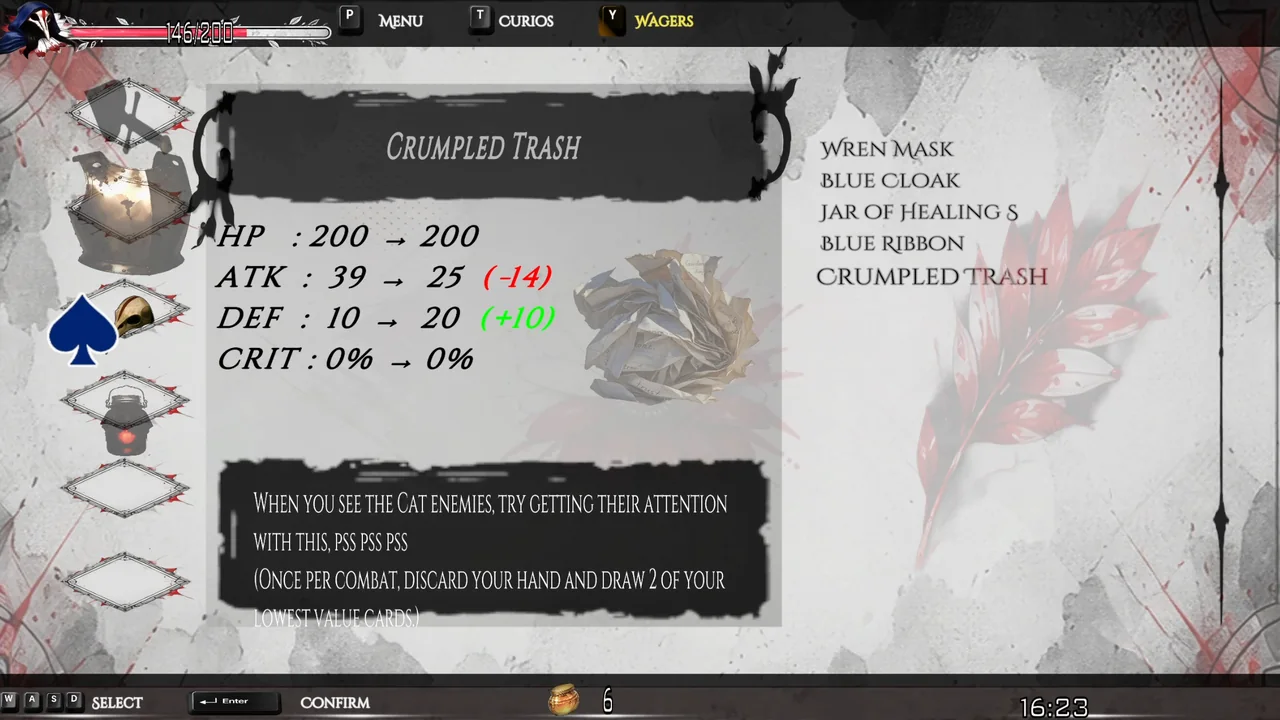 The gear screen showing Crumpled Trash and its stats
