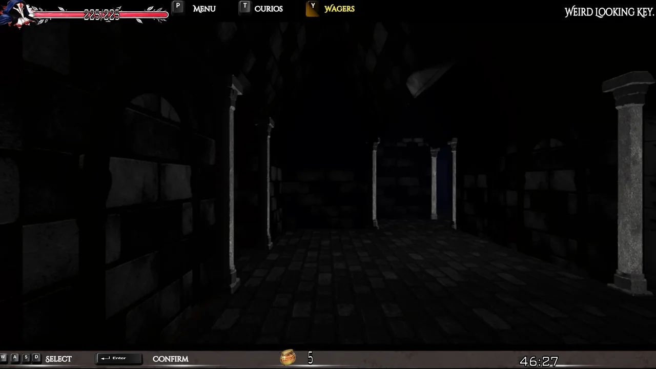 A dark stone corridor lined with pillars