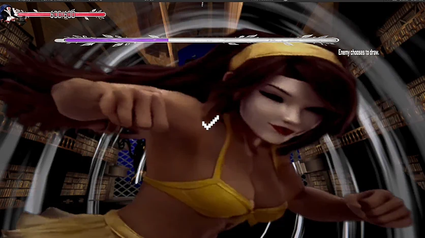 A boss lunging in for a strike, with the block prompt on screen