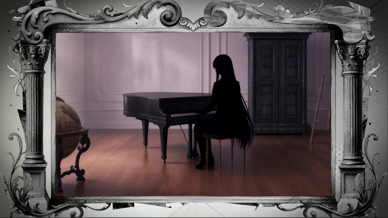 A silhouette cutscene of a girl at a grand piano
